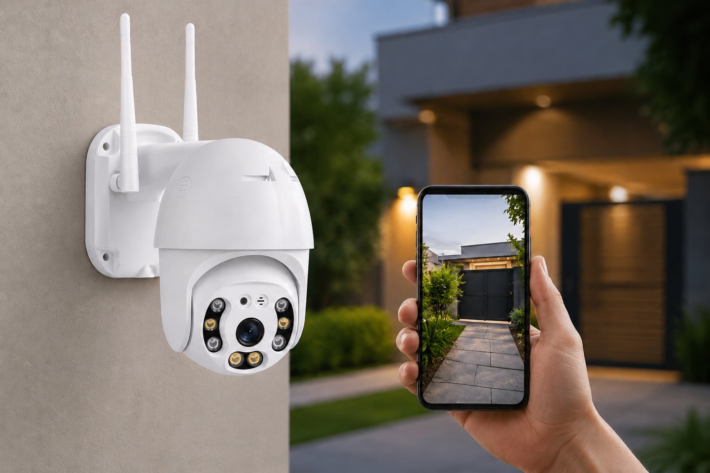 Поворотна Wi-Fi камера Camera CAD N3 на стіні будинку та живе відео з неї на смартфоні